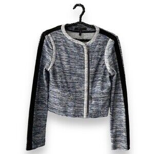 BCBGMaxAzria Space Dyed Tweed Jacket Black Racing Stripe Sporty Casual S Blue